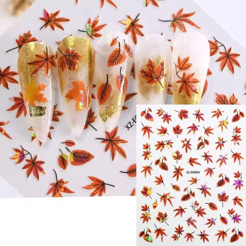 SPLOCUDU 12 Sheets Autumn Maple Leaves Nail Stickers 3D Self-Adhesive Fall Maple Leaf Nail Art Stickers Decals Self-Adhesive Thanksgiving Nail Decals Supplies Decorations for Women - Image 3